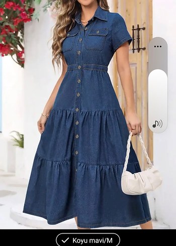 Düğmeli Lacivert Uzun Denim Elbise