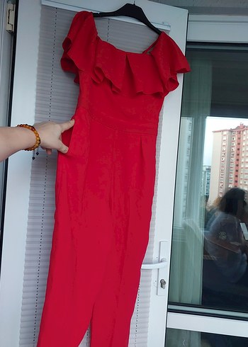 Kırmızı Fırfırlı Straplez Tulum - Görsel 3