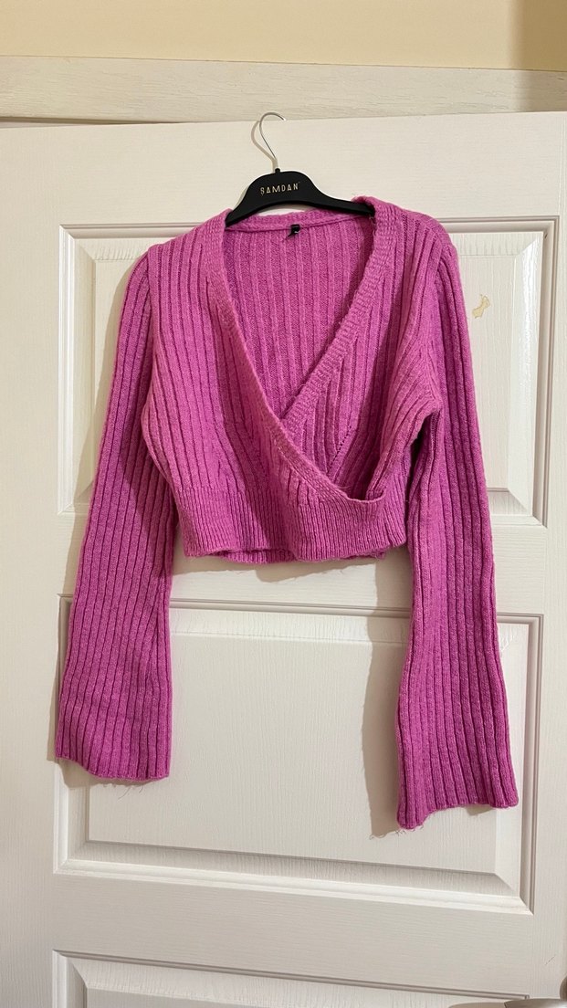 Pembe V Yaka Örgü Kadın Kazak - Görsel 2