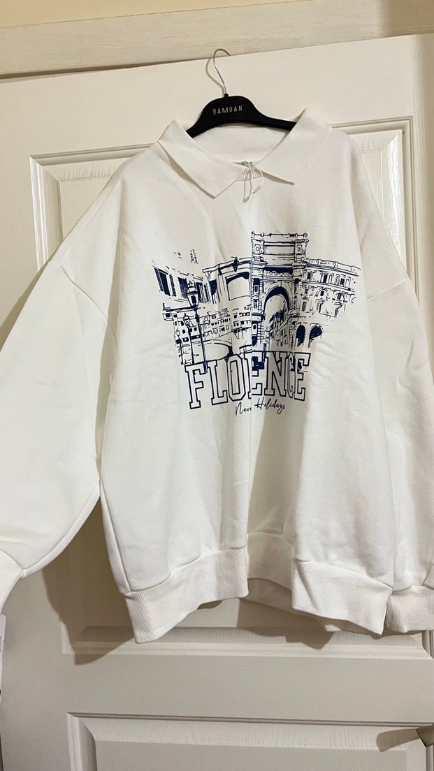 Baskılı Beyaz Pamuklu Kadın Sweatshirt - Görsel 2