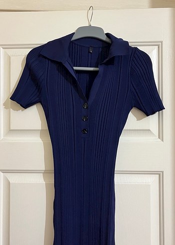 Lacivert Piliseli Polo Yaka Midi Elbise - Görsel 2