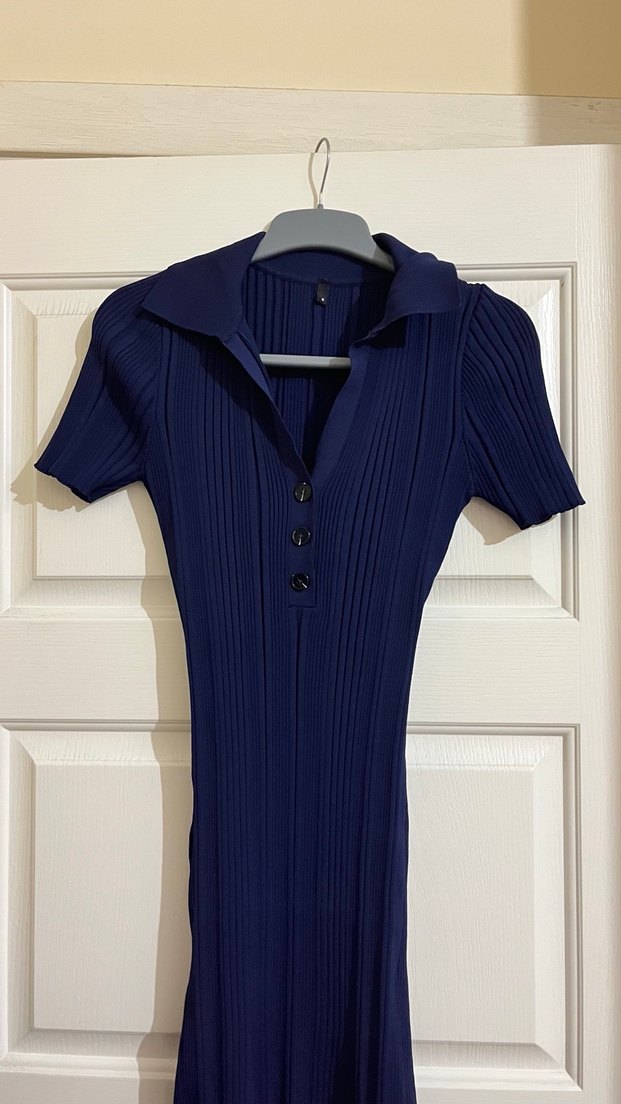 Lacivert Piliseli Polo Yaka Midi Elbise - Görsel 2