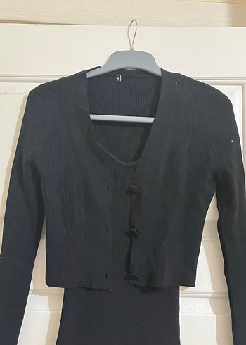 Düğmeli V Yaka Siyah Triko Elbise - Görsel 3