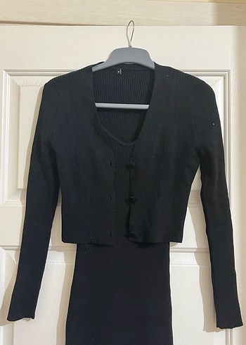 Düğmeli V Yaka Siyah Triko Elbise - Görsel 2