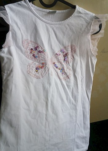 Kız Çocuk Kelebek Baskılı Fırfırlı Tişört - Görsel 3