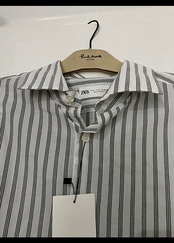 Zara etiketli Gri Çizgili Uzun Kollu Keten Kadın Gömlek - Görsel 2