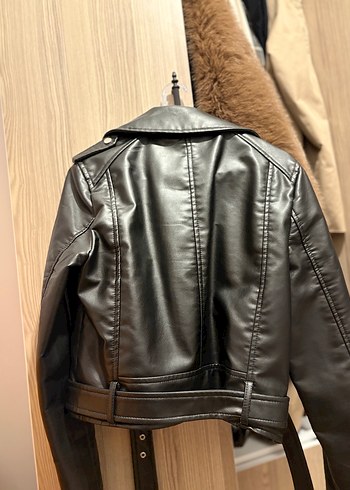 Kemerli Siyah Kadın Deri Biker Ceket - Görsel 3