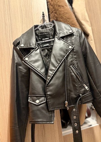 Kemerli Siyah Kadın Deri Biker Ceket - Görsel 2