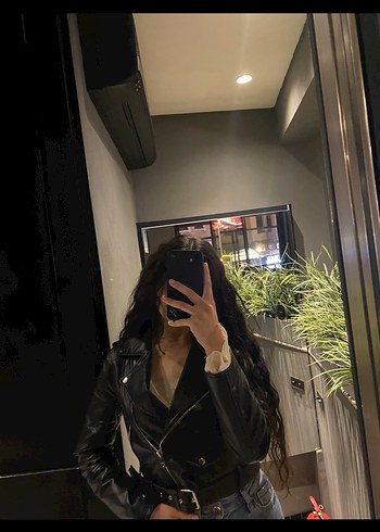 Kemerli Siyah Kadın Deri Biker Ceket - Görsel 5