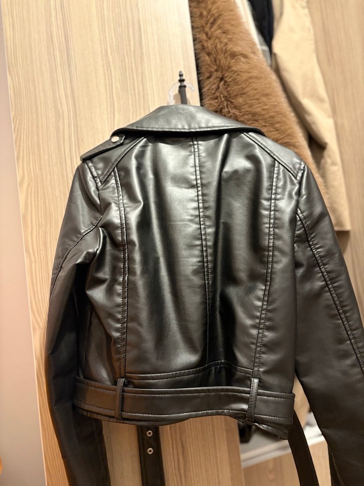 Kemerli Siyah Kadın Deri Biker Ceket - Görsel 3