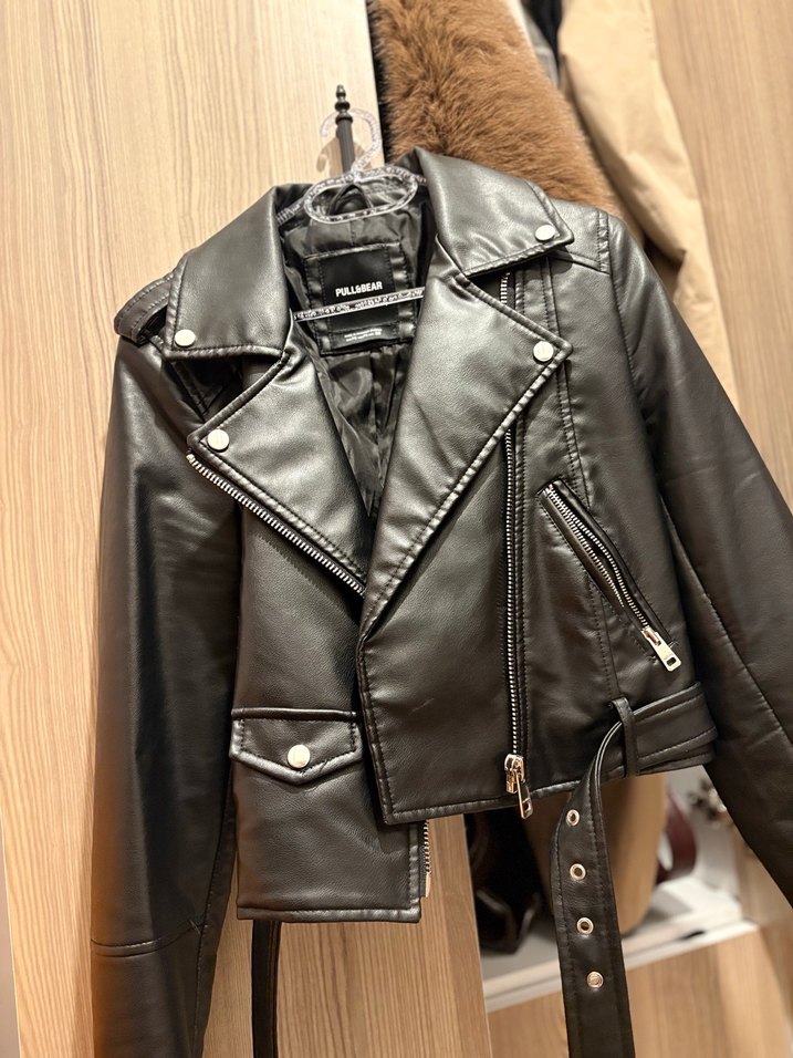 Kemerli Siyah Kadın Deri Biker Ceket - Görsel 2