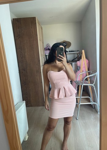 Pudra Pembe Straplez Mini Elbise
