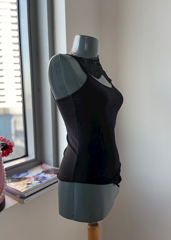 Diğer Yüksek Yakalı Siyah İnce Askılı Body