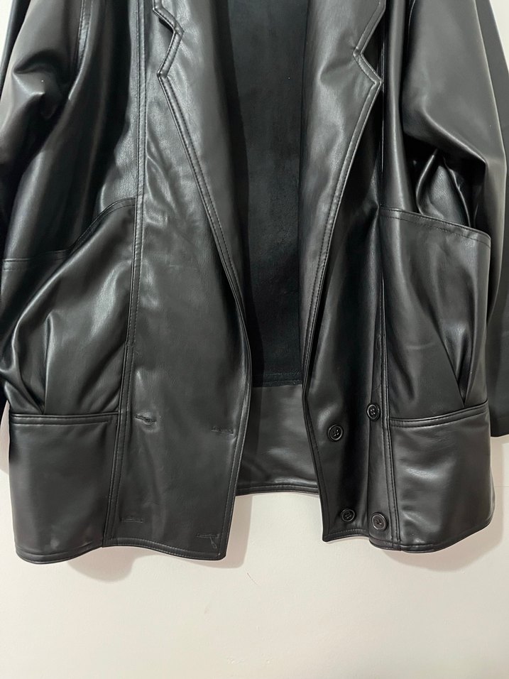 Kadın Siyah Deri Midi Ceket - Görsel 2