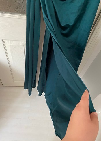 s Beden yeşil Renk Uzun Parlak Drapeli V Yakalı Kadın Elbise