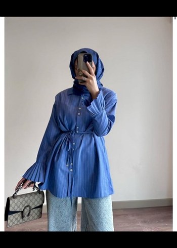 Mavi Pilili Uzun Kol Denim Gömlek