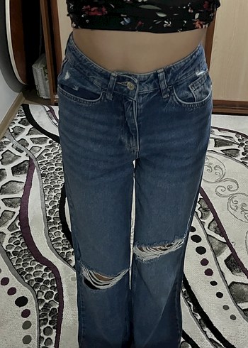 Bol Kesim Midi Mavi Denim Kadın Jean