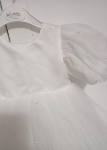 Kız Çocuk Beyaz Kabarık Kollu Elbise - Görsel 4