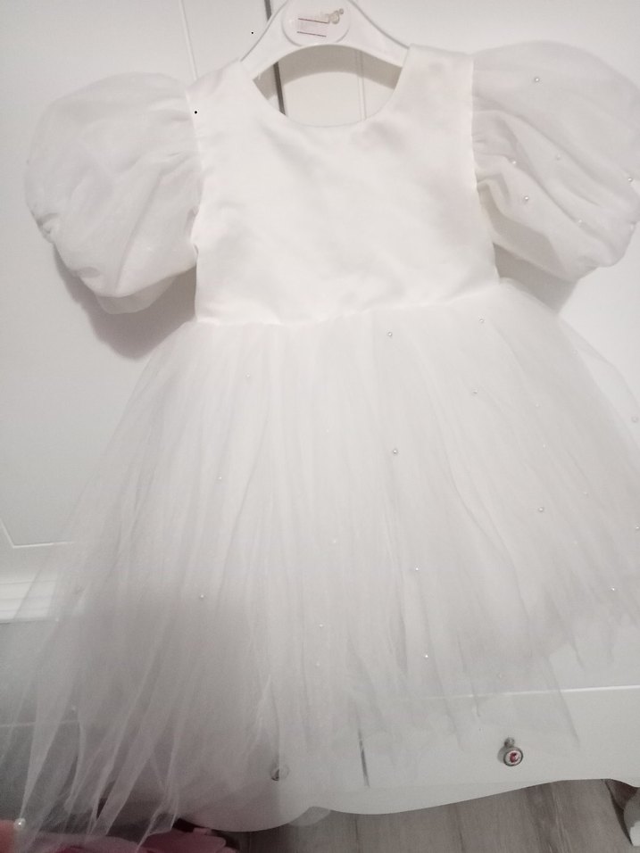 Kız Çocuk Beyaz Kabarık Kollu Elbise - Görsel 3