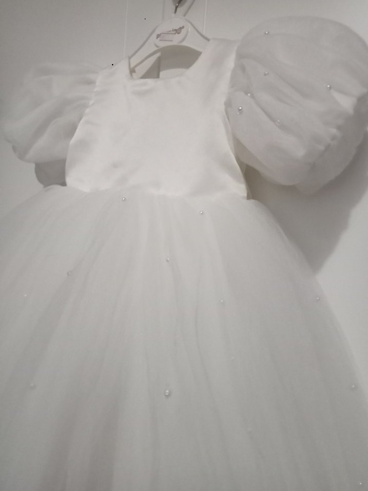 Kız Çocuk Beyaz Kabarık Kollu Elbise - Görsel 5