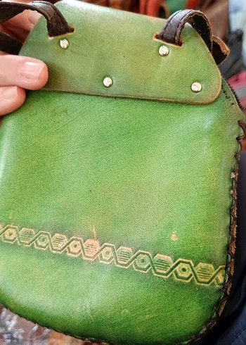 Renkli Yeşil Kedi Figürlü  kösele Çanta - Görsel 5