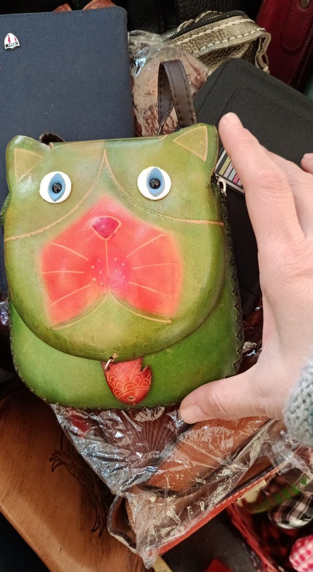 Renkli Yeşil Kedi Figürlü  kösele Çanta - Görsel 2