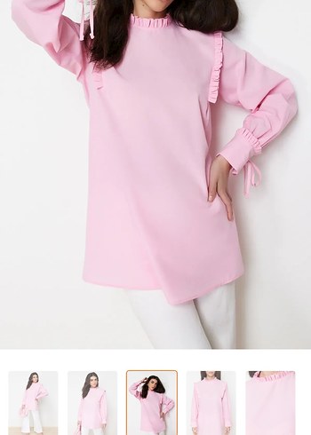 Trendyol & Milla Trendyol Modest Pembe Pamuklu Fırfırlı Yüksek Yaka Kadın Gömlek