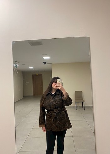Kadın Kahverengi kot Midi Kemerli leopar Desenli ceket