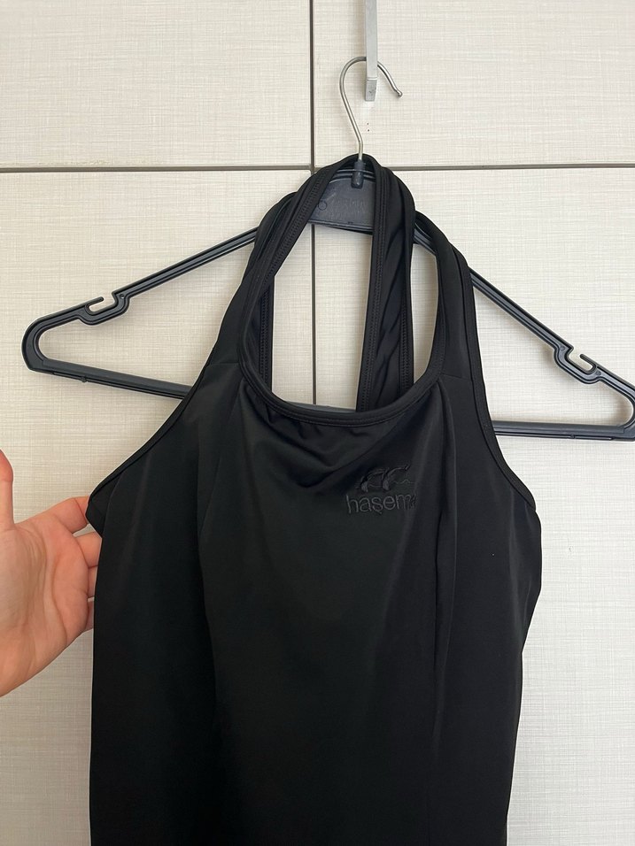 Siyah Yüksek Yakalı Kolsuz Midi Tulum mayo - Görsel 3