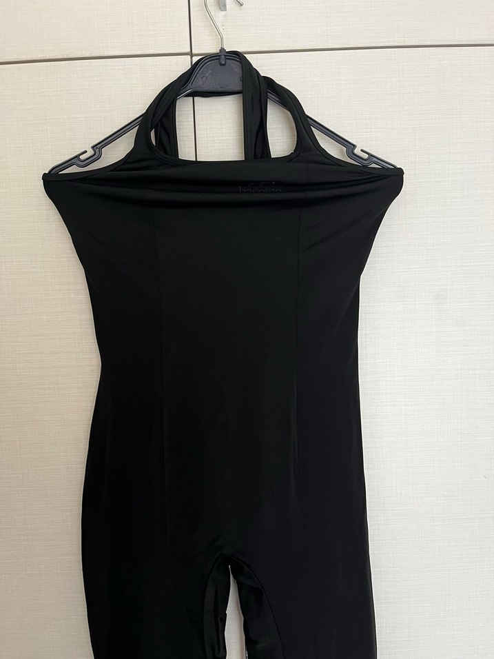 Siyah Yüksek Yakalı Kolsuz Midi Tulum mayo - Görsel 2