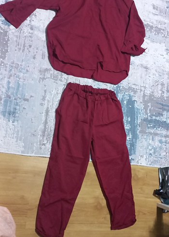 Bordo Kadın Keten Rahat Kesim gömlek Pantolon takımı
