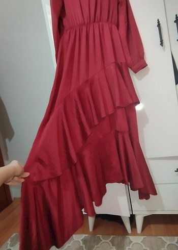 Bordo Uzun Fırfırlı Kadın tesettür Elbise - Görsel 2