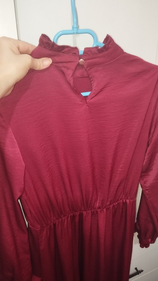 Bordo Uzun Fırfırlı Kadın tesettür Elbise - Görsel 4