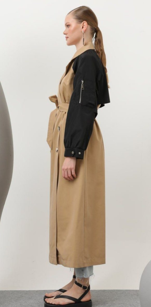 Kemerli Uzun Bej Trençkot - Görsel 2