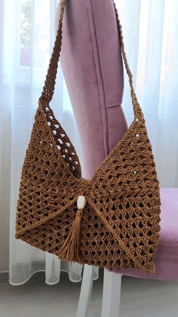 Bej İşlemeli Bohem Örgü Kadın Çantası - Görsel 2