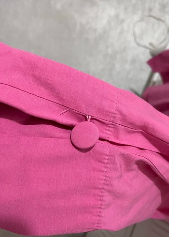 Düğmeli Pembe Keten Kadın Gömlek - Görsel 3