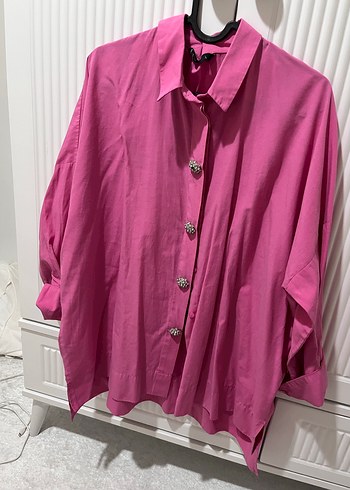 Düğmeli Pembe Keten Kadın Gömlek - Görsel 2