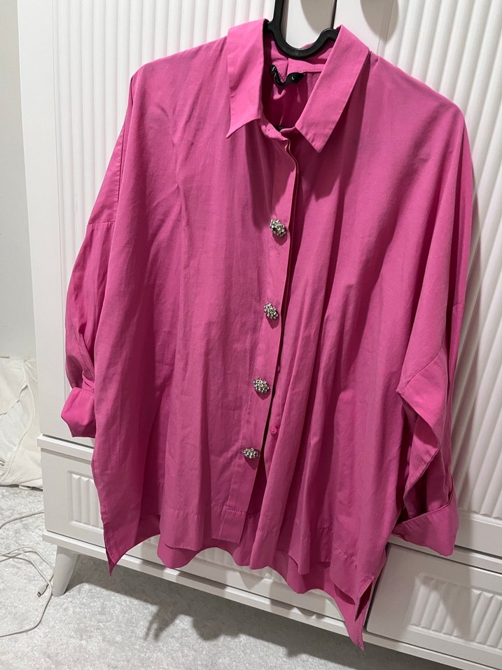 Düğmeli Pembe Keten Kadın Gömlek - Görsel 2