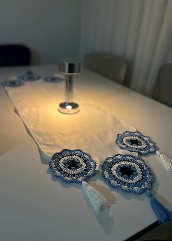 Mavi Beyaz El Örgüsü Bohem Duvar Süsü - Görsel 2