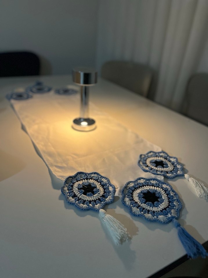 Mavi Beyaz El Örgüsü Bohem Duvar Süsü - Görsel 2