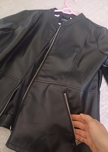 40 Beden siyah Renk Kadın Siyah Deri Fermuarlı Ceket