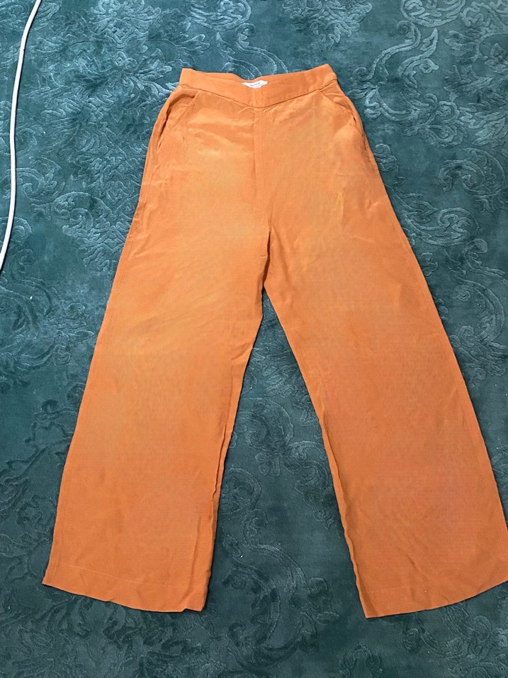 Kadın Turuncu Keten Pilili Salaş Pantolon - Görsel 2