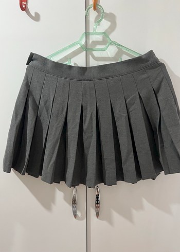 Pull and Bear Gri Pilili Mini Etek - Görsel 3