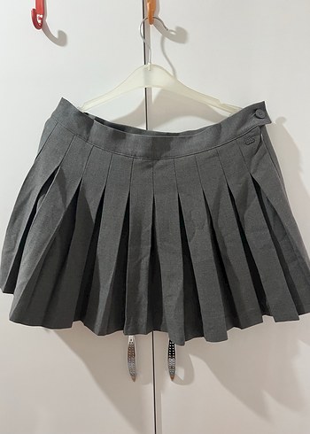 Pull and Bear Gri Pilili Mini Etek - Görsel 5