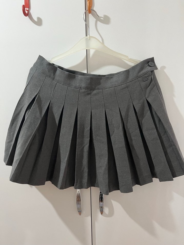 Pull and Bear Gri Pilili Mini Etek - Görsel 5