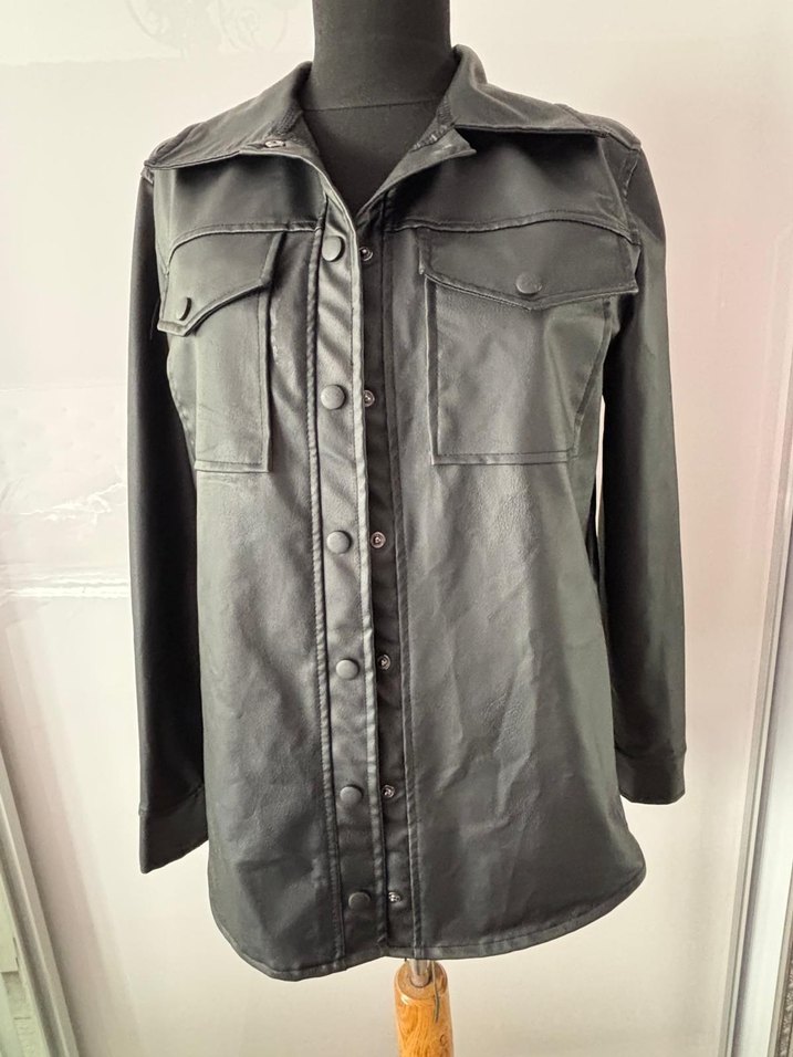 Düğmeli Siyah Deri Kadın Ceket - Görsel 2