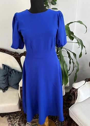 Kadın Mavi Uzun Elbise, Kısa Kollu, Sade - Görsel 7