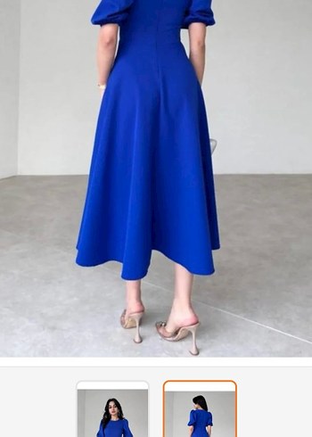 Kadın Mavi Uzun Elbise, Kısa Kollu, Sade - Görsel 2
