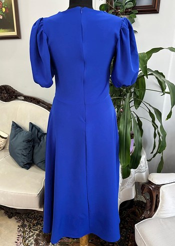 Kadın Mavi Uzun Elbise, Kısa Kollu, Sade - Görsel 5