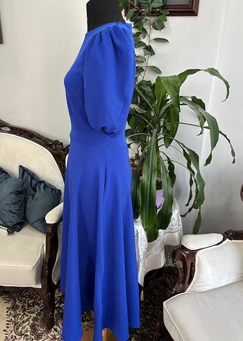 Kadın Mavi Uzun Elbise, Kısa Kollu, Sade - Görsel 4